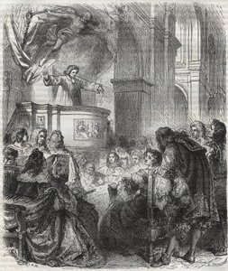 Marie de Rabutin-Chantal (Rabutin Chantal), markis av Sevigne kjent som Madame de Sevigne (1626-1696), lytt til Louis Bourdaloue (1632-1704) fransk ved jesuitenes kirke, Saint-Louis i Paris - gravering av 1866 av Unknown artist