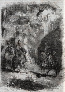 Marphise (Marfisa) and the old woman meet Pinabel (Pinabello) - engraving of 1851 from “” Furious Roland”” (Orlando furioso) (16th century) by Ludovico Ariosto, known as the Ariosta - Edition translated from Italian by the Count of Tressan and published by av Unknown artist