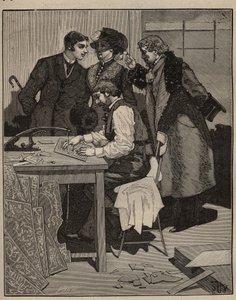 Marquetry: Marquetry har arbeidet. Gravering fra 1885 i "" Les arts et metiers illustres"" av Adolphe BITARD. av Unknown artist