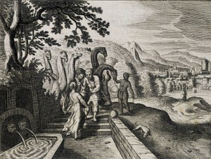 Ekteskap med Isak og Rebecca. Gravering fra en bibel fra 1600-tallet. av Unknown artist