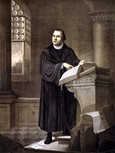 Martin Luther (1483 - 1546) reading in a church. av Unknown artist