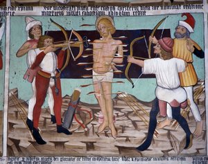 Martyrium of St Sebastian, Saint Sebastians liv (1400-tallet), fresker, Chapel of St Sebastian, Villard-de-Lans, Rhone-Alpes, Frankrike. av Unknown artist