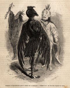 Masker og forkledninger for medisinens dans blant Naya-indianerne. Gravering for å illustrere en ekskursjon blant indianerstammene i bassengene i Colombia og Upper Missouri, av G. Catlin, i 1855, publisert i "" le tour du monde", under ledelse av Unknown artist