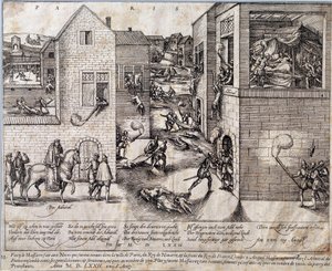 Massakren på Saint Barthelemy (Saint Barthelemy) i Paris natt til 24. august 1572. Gravering av 1500-tallet. Pau, Musee Du Chateau av Unknown artist