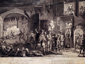 Massakren på Saint Barthelemy (Saint Barthelemy) i Paris natt til 24. august 1572. Gravering av 1500-tallet. Pau, Musee Du Chateau av Unknown artist