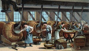Mechanical manufacture of dragees. Chromolithography of the end of the 19th century av Unknown artist