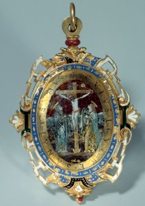 Medaljong i e-post på rund gullbule dekorerer korsfestelse og flukt til Egypt. Debut av 1500-tallet Sun. h. 7 cm. Paris. Museet Louvre av Unknown artist