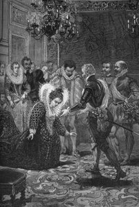 Meeting of Maris de Medicis and Henry IV (1601): Mary of Medicis (1573 -1642) bowing to her husband, King of France Henry IV (1553-1610). Engraving of the 19th century. In “Histoire de France” by Jules Michelet av Unknown artist