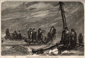 Merchant of the ambulant, har et snøkryss av veien til St. Petersburg. Tegning av Henriet, for å illustrere hans reise til de russiske baltiske provinsene i 1851-54. Gravering i "" Le tour du monde"", redigert av Edouard Charton av Unknown artist
