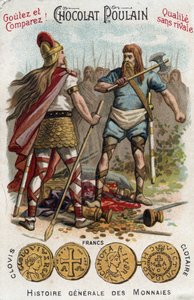 Merovingiens: Clovis 1. skjøt ned soldaten som hadde knust fartøyet til Soissons, i 486. In General History of Coins. Sjokolade-føllkromolitografi fra slutten av 1800-tallet. Privat samling. av Unknown artist