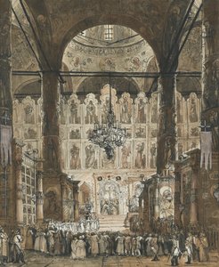""Messe ved Dormition-katedralen i Moskva Kreml, Russland"" (Messe ved Dormition-katedralen i Moskva Kreml) Anonym gouache ca. 1850 Privat samling av Unknown artist