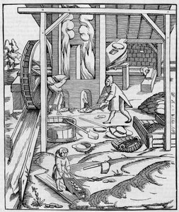 Metal furnace blower operated by a hydraulic motor. Fac simile (Fac-simile) of an engraving published in “” Cosmographie”” (1555) by Sebastien Munster. Engraving in “” La Nature: revue des sciences et de leurs applications aux arts et a l