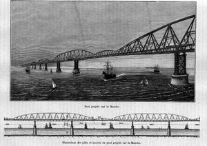 Metallic bridge project on the Channel: at the top, the bridge once finished; at the bottom, the dimensions of the piles and travees of the projected bridge. Engraving in “” Le Journal de la jeunesse”” av Unknown artist