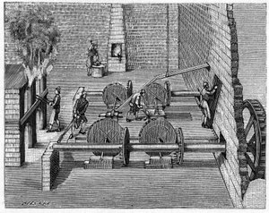 Metallurgi på 1700-tallet: et støperitog. Gravering i "" Nature: gjennomgang av vitenskapene og deres anvendelser på kunst og industri"" av 8. august av Unknown artist