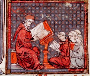 Middelalder: "" En klasse av filosofi, læreren og hans elever""" Miniatyr hentet fra "" Grandes Chronicles de France"" 1375-1379 kommunale bibliotek, Castres av Unknown artist