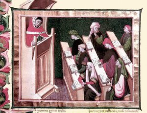 Middelalder: Undervisning på et universitet. Manuskript fra begynnelsen av 1400-tallet. Biblioteca Nazionale Centrale de Florence. av Unknown artist
