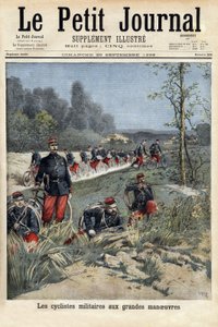 Militære syklister på de store manøvrene. Gravering i "" Le petit journal"" 20.09.1896. Selvas samling. av Unknown artist