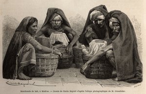 Melkehandlere, i gatene i Madras (dagens Chennai, Tamil Nadu). Gravering for å illustrere reisen i meridionalprovinsene i India, av Alfred Grandidier, i 1862-1864, publisert i "" le tour du monde", under ledelse av D