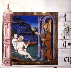 Miniatyr som viser skapelsen av Adam og Eva av Gud. Antifonisk. 1400-tallet.Biblioteca av Lodi av Unknown artist