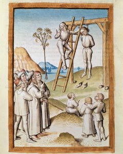 Miniatyrhengende scene hentet fra en tysk oversettelse av fablene om "Kalila (Calila) og Dimna" av Bidpai. (ms. 1389, fol. 117) rundt 1480 Chantilly, musee Conde av Unknown artist