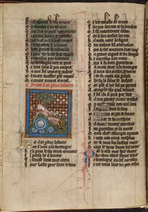 Miniatyr av Narcissus som beundrer refleksjonen hans i en fontene, fra 