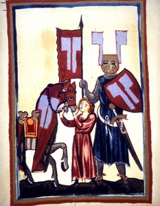 Miniatyr av Codex "Manesse", eller "Manessesche Liederhandschrift", som er et manuskript laget i Alsace mellom 1300 og 1330 for et bemerkelsesverdig Zürich. Representasjon av Wolfram von Eschenbach, en tysk poet, som skrev romanen "" Parzival"" mellom 1200 av Unknown artist