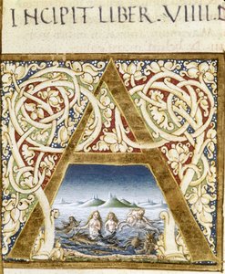 Miniatyr som representerer sirener. Bokstaven "" A"" - i "" Naturalis Historiae"" av Plinius den eldste (23 - 79), red. 1480.Victoria & Albert bibliotek av Unknown artist