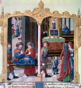 Mirakler fra Saint Louis: Kong Ludvig IX (1214-1270) kjempet mot en lammet. Miniatyr fra et manuskript "The Book of Facts Monsignor Saint Louis"" 1400-tallet. Paris, B.N av Unknown artist