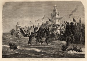 Moharum-festivalen, feiret i begynnelsen av året av det islamske samfunnet i India, etter å ha laget tabuer, gyldne papirtempler som imiterer gravene til imamene og etter å ha passert dem gjennom gatene, blir tabuene kastet i havet. Engrav av Unknown artist