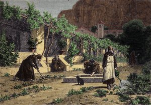 Klosterets grønnsakshage: munkene hager for å dyrke grønnsaker i hagen sin. Gravering av 1800-tallet av Unknown artist
