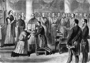 Monsignor Georges Darboy (1813-1871) erkekvikk i Paris avla en ed i hendene på Napoleon III ved kapellet i Tuileriene i 1863. av Unknown artist