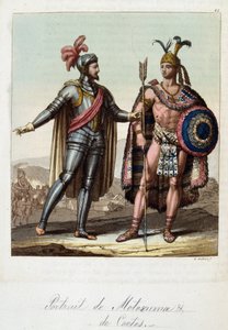 Montezuma II, Aztec King, og Hernan (eller Hernando) Cortes eller Fernand Cortes (1485-1547), spansk erobrer - i "" The Old and Modern Costume"" av Ferrario, red. Milan av Unknown artist
