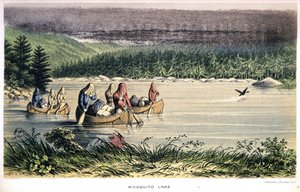 Mosquito Lake i Canada: Indianere kano over innsjøen med myggnetting på hodet - i "Exploration of the Labrador Peninsula" av Hind, London av Unknown artist