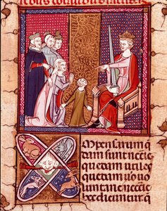 Mor og barn dukker opp for en konge, representant for Justice Miniature hentet fra "Justiniani in Fortiatum"" Royal Library of the Escorial Monastery (Escorial), Spania fra 1300-tallet av Unknown artist