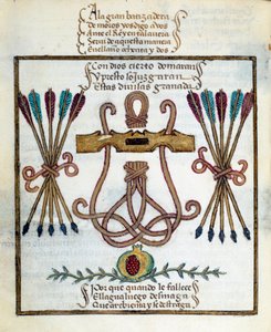 Motto for katolske konger. Emblem til katolske konger. Miniatyr i "" Devotorio de la Reyna Da Juana som de kalte La Loca"" av Pedro Marcuello av Unknown artist