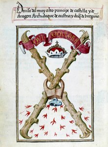 Motto for hertugene av Burgund. Manuskriptside hentet fra "" Collection of devotion of Queen Joan the Folle (1479-1555) of Spain"" av Pedro Marcuello ("Devotional of Queen Da Juana who was called the Madwoman") Chantilly fra 1400-tallet, Musee Conde av Unknown artist
