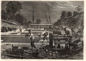 Moulage des bricques - Støping av murstein - gravering i 'Les Merveilles de l'Industrie' av Louis Figuier av Unknown artist
