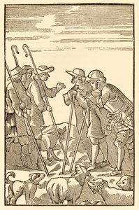 Mountain Delectable de nå bestiger fra The Pilgrims Progress From This World, To That Who Is To Come av John Bunyan (1628-1688) Christian and Hopeful meet the Shepherds: Knowledge, Experience, Wat av Unknown