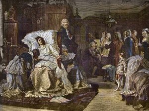 Mozarts siste dager etter maleri av Hermann Kaulbach (1846-1909) - Gli ultimi momenti di Mozart - siste dag av Wolfgang Amadeus Mozart - gravering i "" Popular Music""" berømte ukeavis - 1882 av Unknown artist