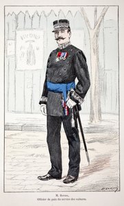Mr. Roudil, fredsoffiser i biltjenesten. Etsning i farger, for illustrasjon "" History of the corps of peacekeepers""" bok utgitt i regi av Louis Lepine (1846-1933), prefekt for politiet på Seinen, av Alfred Rey (1864-?) og Lo av Unknown artist