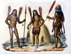 Mundrucu og Jivaros indianere i Ecuador. Gravering 1846-48. av Unknown artist