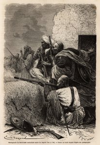 Muslimske fjellklatrere bosatte seg i fjellene i Svat, og kjempet mot en engelsk ekspedisjon i 1863 for å stoppe plyndringen av landsbyer i regionen. Gravering for å illustrere historien om Pandjab og Kashmir, av Guillaume Lejean i 1866, utgitt i "" Le tou av Unknown artist