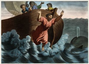 Jonas ble kalt ansvarlig for stormen som truet skipet, og foreslo at det skulle kastes over bord. Gud sendte en fisk som svelget profeten. Anonym gravering fra midten av 1800-tallet. av Unknown artist