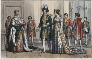Napoleon Bonaparte (1769-1821), som konge av Italia - visekonge (visekonge) - en visekonges kone - Butler - Lord Chamberlain - Page-boy - equerry - seremonimester - gravering fra "" Skikker og skikker for alle folk i universet. Eller regjeringens historie, av Unknown artist