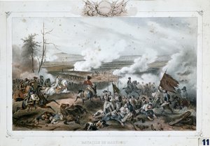 Napoleon Bonaparte i slaget ved Marengo, der den franske hæren slo de østerrikske troppene (fargetrykk) av Unknown Artist
