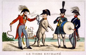 Napoleon I i en lenket tiger holdt av en britisk offiser med pisk. Russland og Østerrike spiller musikk ved siden av. Tegneserie 1815. av Unknown artist