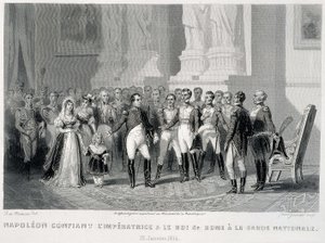 Napoleon entrusting the Impress and her son, the King of Rome, to the National Guard (23 January 1814) - in “Fasttes de Gardes nationales de France”” av Unknown artist