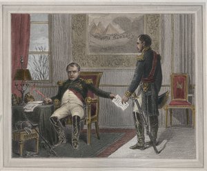 Napoleon signerer sin abdikasjon 1814 - Napoleon Bonaparte (1769-1821) i Fontainebleau under sin første abdikasjon, signert i april 1814 Gravering i "Les Fastes Populaires, ou Histoire des acts heroiques du peuple et de son influence sur les sciences, le av Unknown artist