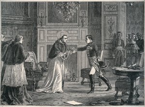 Napoleon besøker pave Pius VII i Fontainebleau 1804 - Besøk av Napoleon I til pave Pius VII a Fontainebleau 1804 av Unknown artist