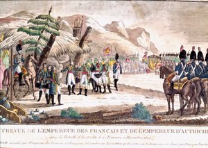 Napoleonskrigen: Napoleon I møter keiser Francois II etter slaget ved Austerlitz 2.12.1805. Gravering av 1800-tallet. av Unknown artist